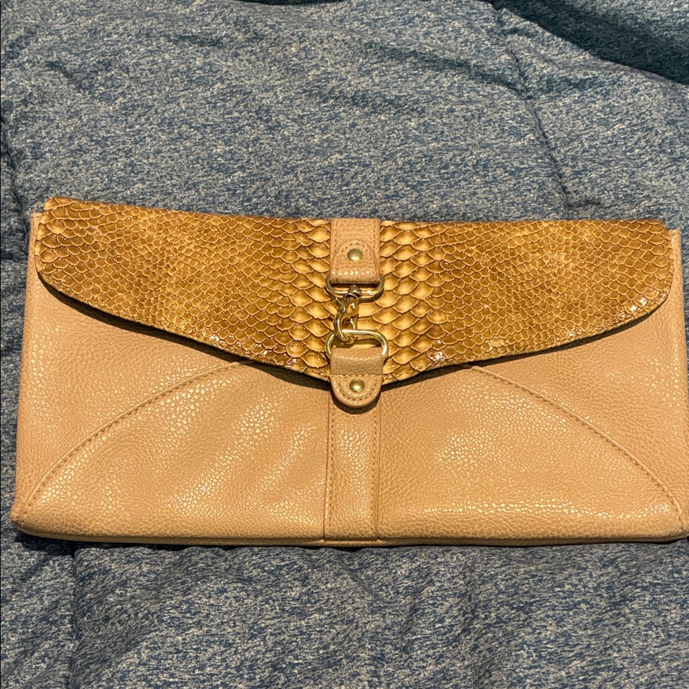 Ethel & Myrtle, Inc. Tan Faux Leather Clutch with Gold Accents and Gold Chain